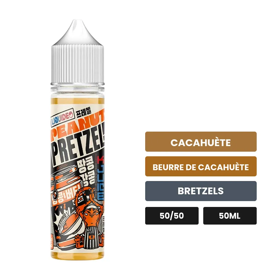 E-liquide Peanut Pretzel Kjuice Liquideo, 50 ml, saveurs cacahuète, beurre de cacahuète et bretzels.