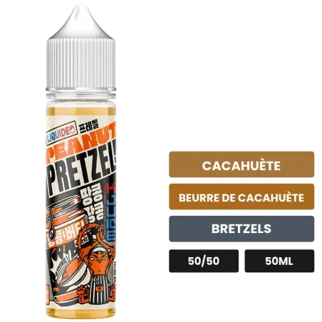 E-liquide Peanut Pretzel Kjuice Liquideo, 50 ml, saveurs cacahuète, beurre de cacahuète et bretzels.