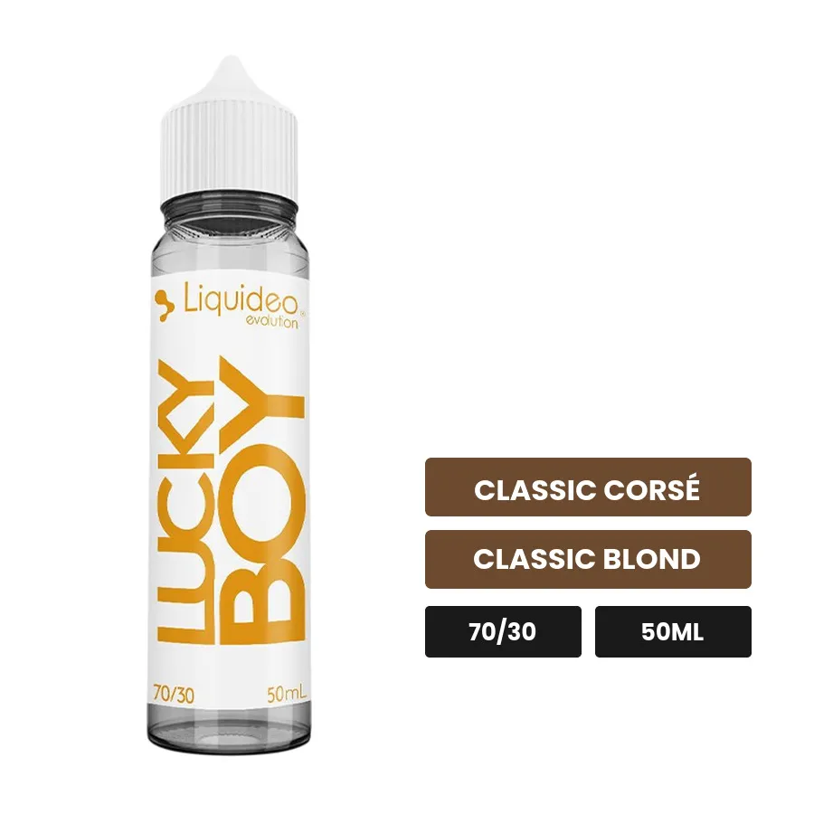 E-liquide Lucky Boy de Liquideo, 50 ml, saveurs classic corsé et classic blond.