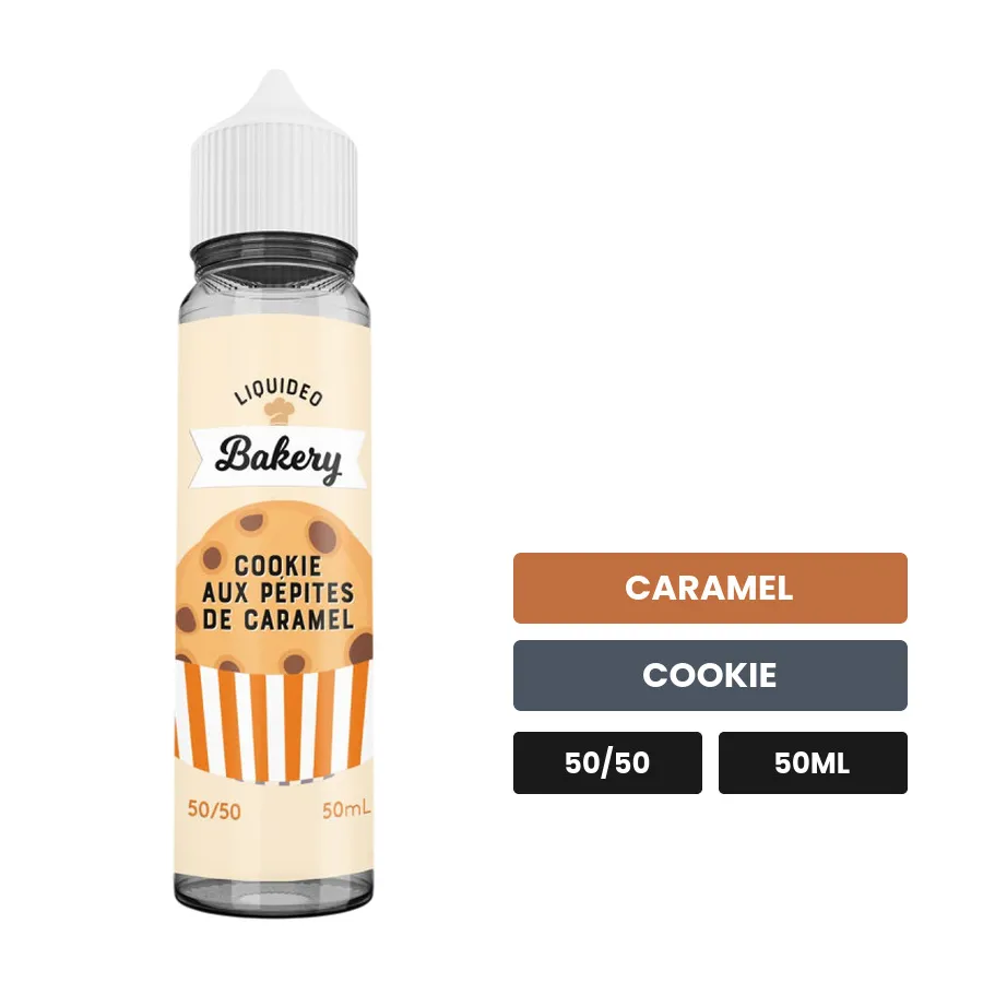 E-liquide Cookie Aux Pépites De Caramel de Liquideo, 50 ml, saveurs caramel et cookie.