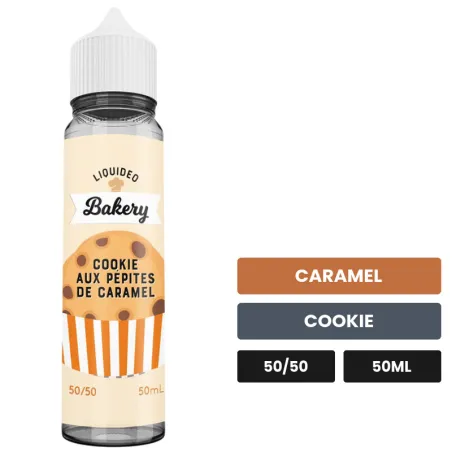 E-liquide Cookie Aux Pépites De Caramel de Liquideo, 50 ml, saveurs caramel et cookie.