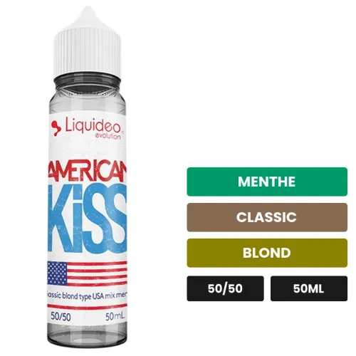 E-liquide American Kiss de Liquideo, 50 ml, saveurs menthe, classic et blond.
