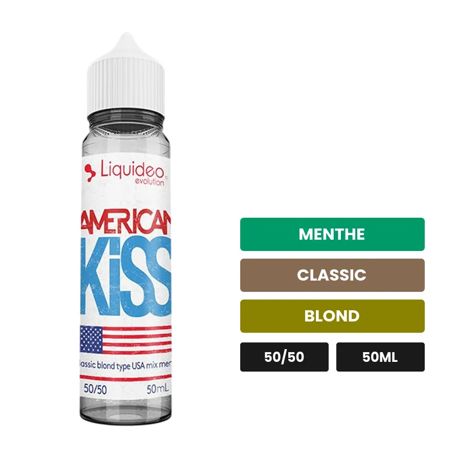 E-liquide American Kiss de Liquideo, 50 ml, saveurs menthe, classic et blond.