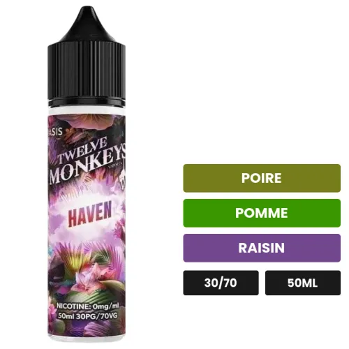 E-liquide Haven - Oasis de 12 Monkeys, 50 ml, saveurs poire, pomme et raisin.