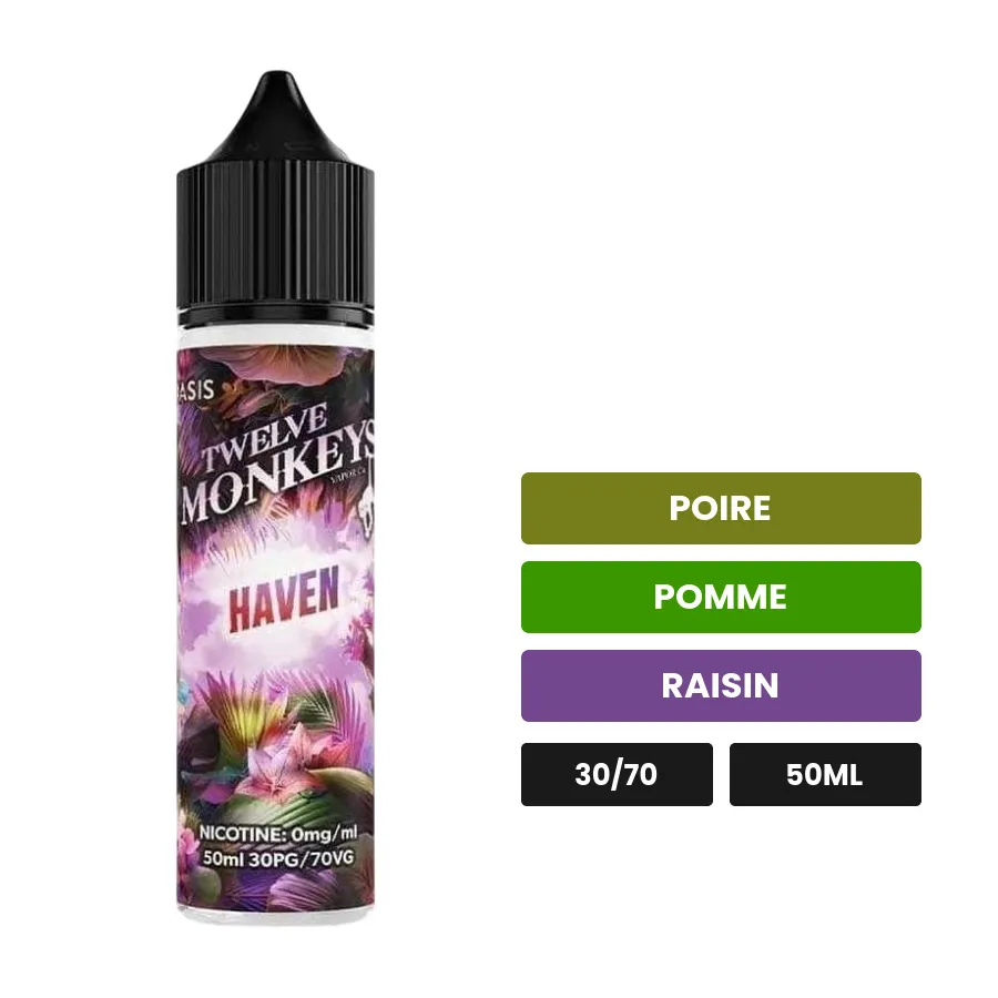 E-liquide Haven - Oasis de 12 Monkeys, 50 ml, saveurs poire, pomme et raisin.