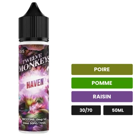 E-liquide Haven - Oasis de 12 Monkeys, 50 ml, saveurs poire, pomme et raisin.