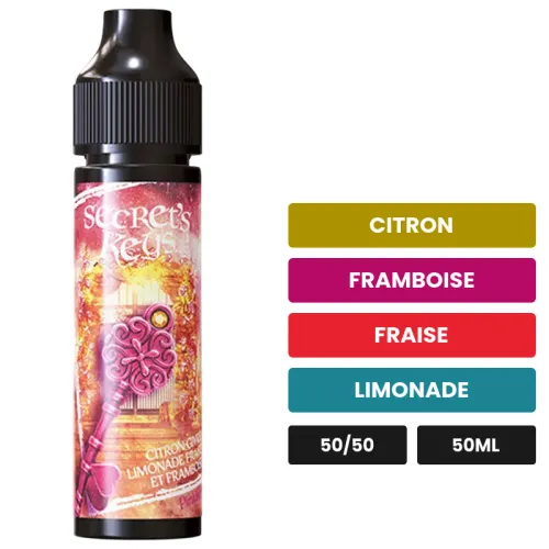 E-liquide Pink Key de Secret's Lab, 50 ml, saveurs citron, framboise, fraise et 2 autres.