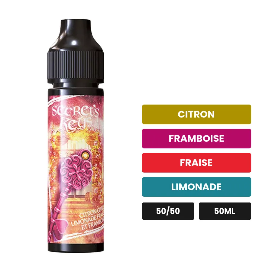 E-liquide Pink Key de Secret's Lab, 50 ml, saveurs citron, framboise, fraise et 2 autres.