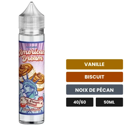E-liquide Ice Cream Biscuit American Dream de Savourea, 50 ml, saveurs vanille, biscuit et noix de pécan.