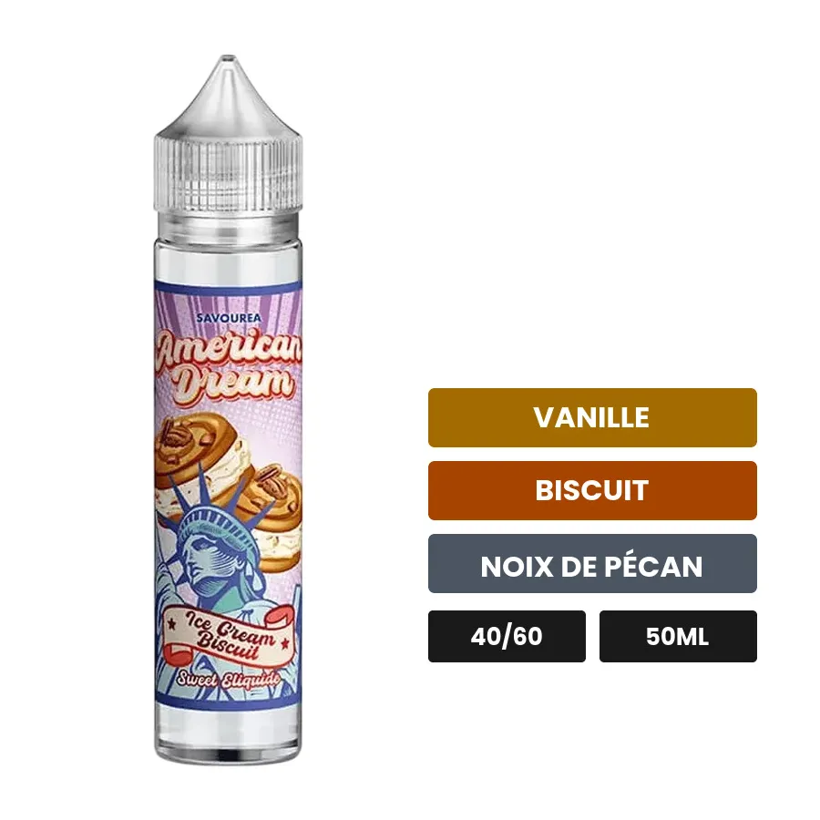 E-liquide Ice Cream Biscuit American Dream de Savourea, 50 ml, saveurs vanille, biscuit et noix de pécan.