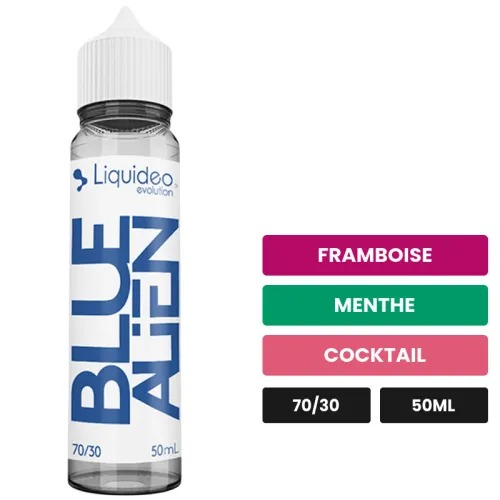 E-liquide Blue Alien de Liquideo, 50 ml, saveurs framboise, menthe et cocktail.