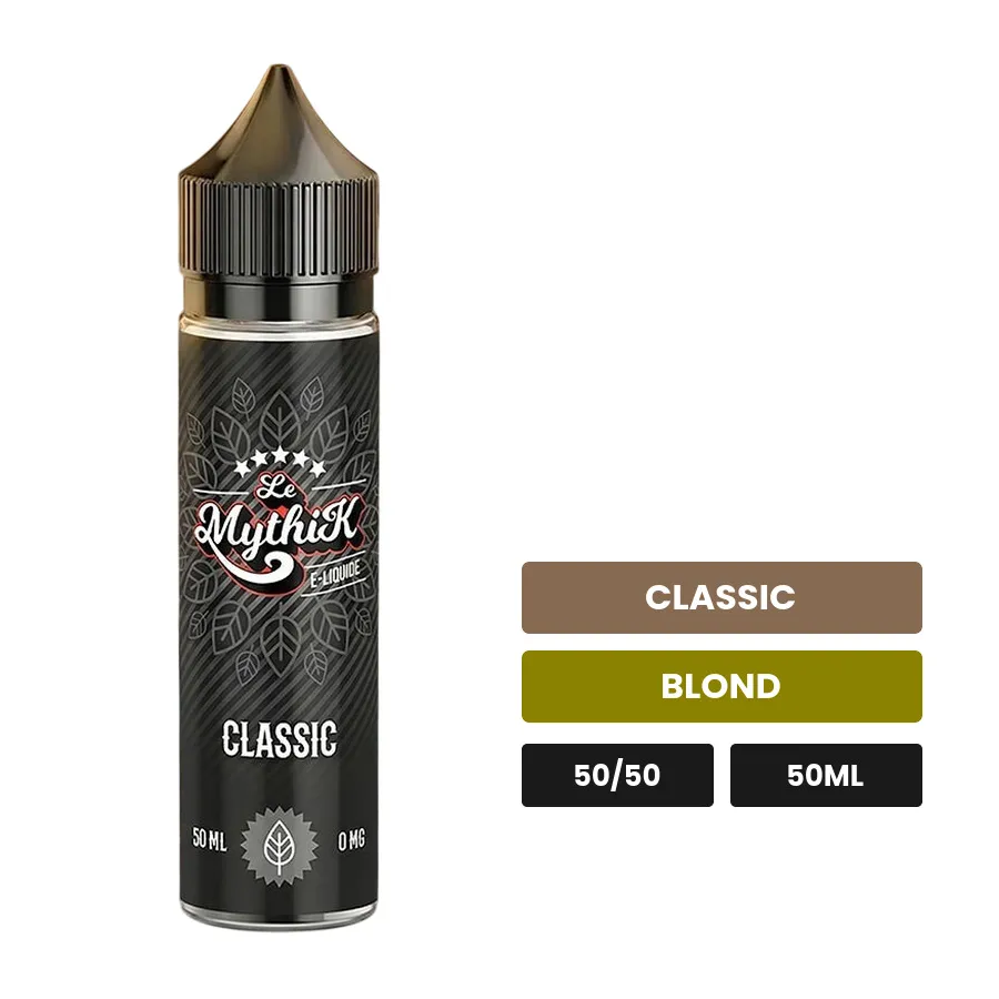 E-liquide Le Mythik, 50 ml, saveurs classic et blond.