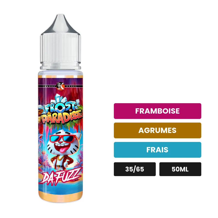E-liquide Da Fuzz de Knoks, 50 ml, saveurs framboise, agrumes et frais.