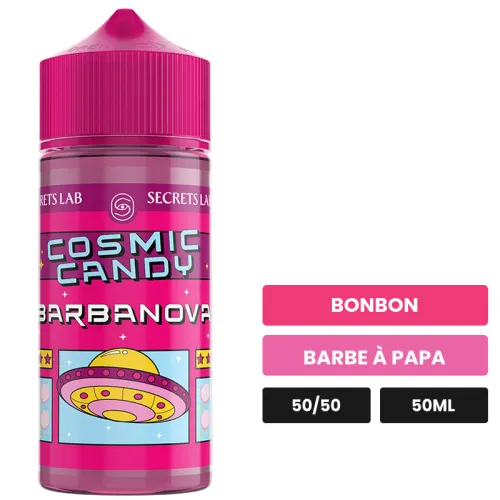 E-liquide Barbanova de Secret's Lab, 50 ml, saveurs bonbon et barbe à papa.