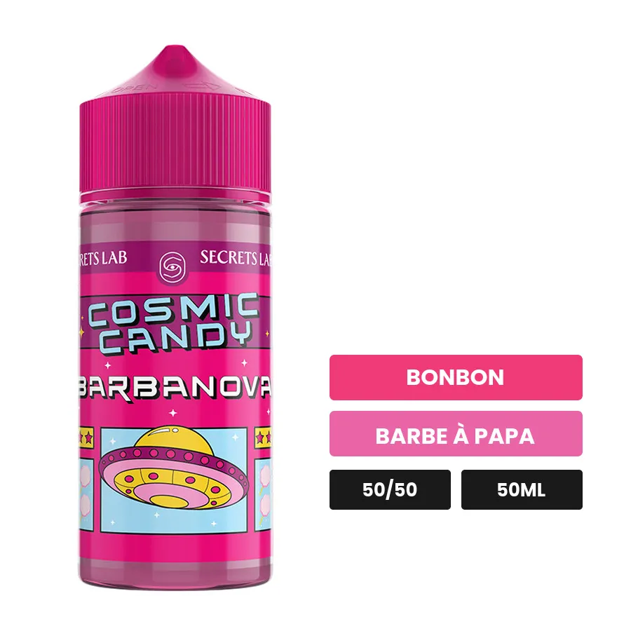 E-liquide Barbanova de Secret's Lab, 50 ml, saveurs bonbon et barbe à papa.