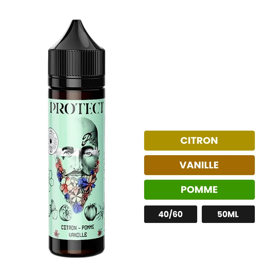 E-liquide Citron Pomme Vanille de Protect, 50 ml, saveurs citron, vanille et pomme.