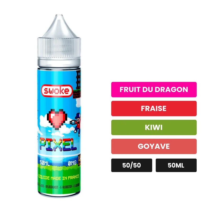 E-liquide Pixel de Swoke, 50 ml, saveurs fruit du dragon, fraise, kiwi et 1 autre.
