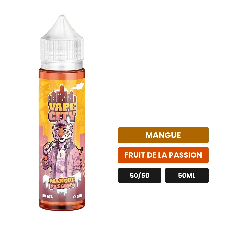 E-liquide Mangue Passion de Vape City, 50 ml, saveurs mangue et fruit de la passion.