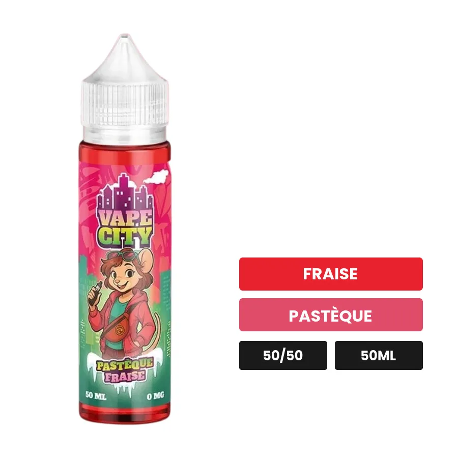 E-liquide Pasteque Fraise de Vape City, 50 ml, saveurs fraise et pastèque.