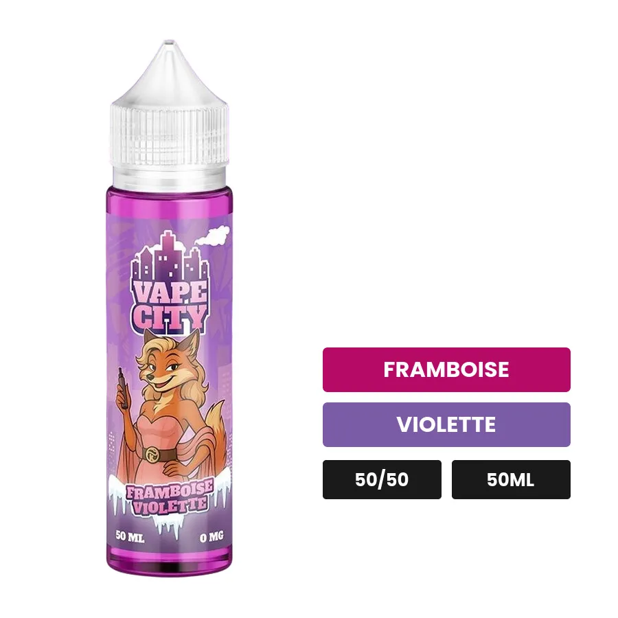 E-liquide Framboise Violette de Vape City, 50 ml, saveurs framboise et violette.