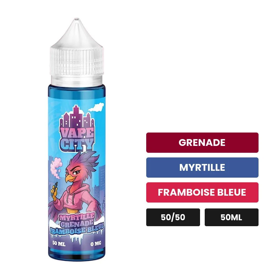E-liquide Myrtille Grenade Framboise Bleue, 50 ml, saveurs grenade, myrtille et framboise bleue.