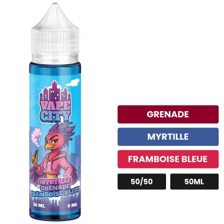 E-liquide Myrtille Grenade Framboise Bleue, 50 ml, saveurs grenade, myrtille et framboise bleue.