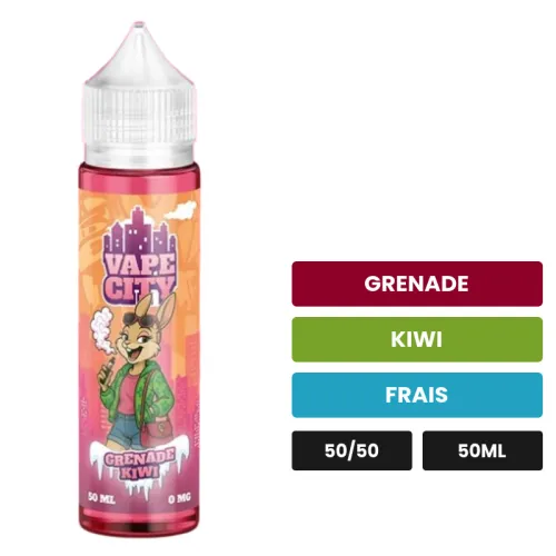 E-liquide Grenade Kiwi de Vape City, 50 ml, saveurs grenade, kiwi et frais.