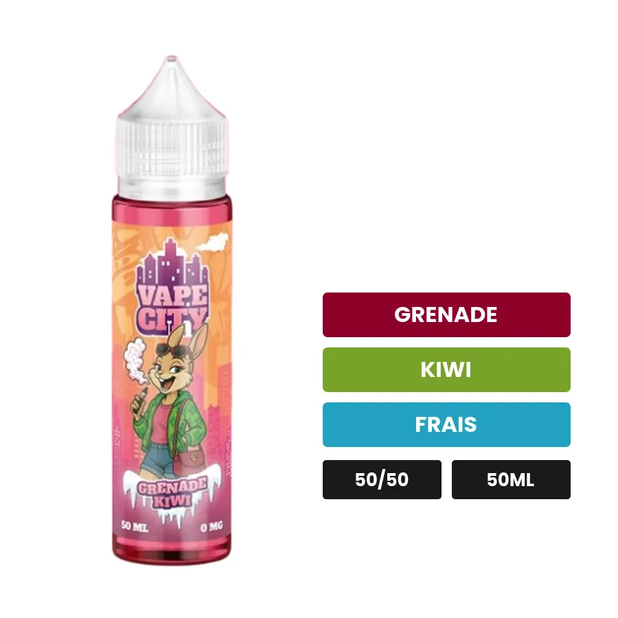 E-liquide Grenade Kiwi de Vape City, 50 ml, saveurs grenade, kiwi et frais.
