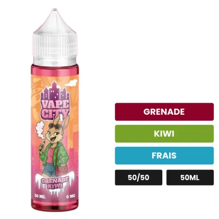 E-liquide Grenade Kiwi de Vape City, 50 ml, saveurs grenade, kiwi et frais.