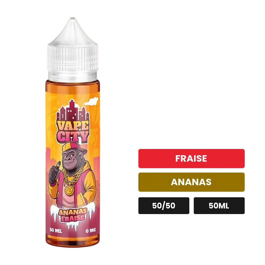 E-liquide Ananas Fraise de Vape City, 50 ml, saveurs fraise et ananas.