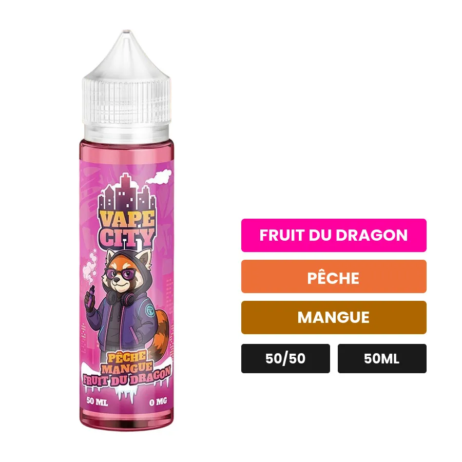 E-liquide Peche Mangue Fruit Du Dragon, 50 ml, saveurs fruit du dragon, pêche et mangue.