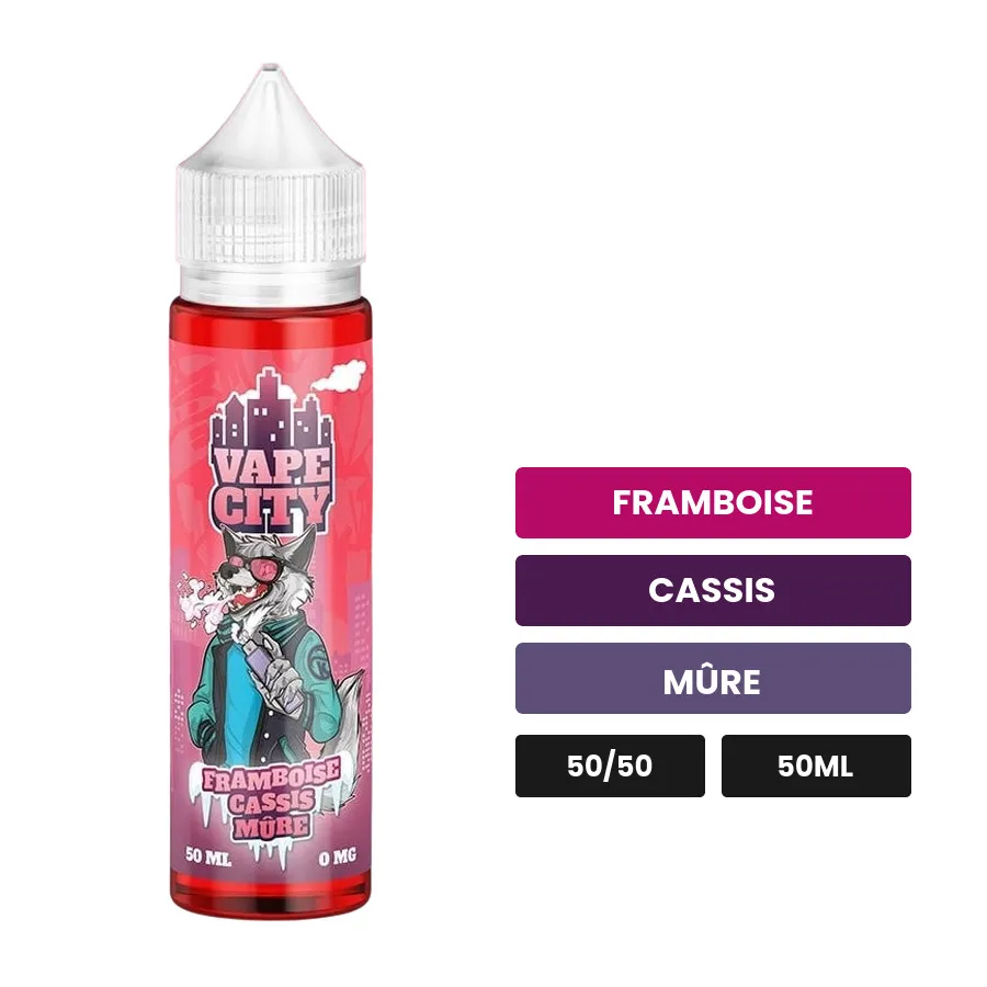 E-liquide Framboise Cassis Mure de Vape City, 50 ml, saveurs framboise, cassis et mûre.