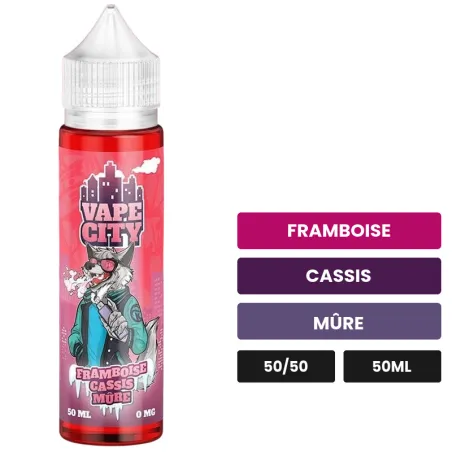 E-liquide Framboise Cassis Mure de Vape City, 50 ml, saveurs framboise, cassis et mûre.