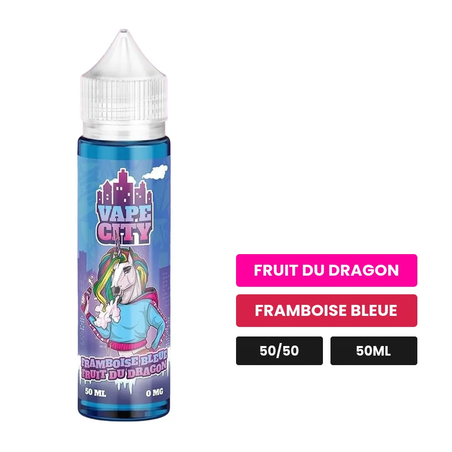 E-liquide Framboise Bleue Fruit Du Dragon de Vape City, 50 ml, saveurs fruit du dragon et framboise bleue.