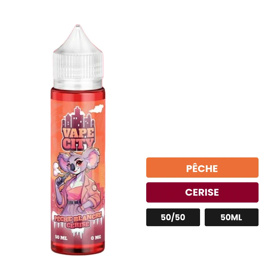 E-liquide Peche Blanche Cerise de Vape City, 50 ml, saveurs pêche et cerise.