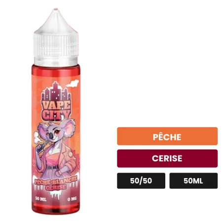 E-liquide Peche Blanche Cerise de Vape City, 50 ml, saveurs pêche et cerise.