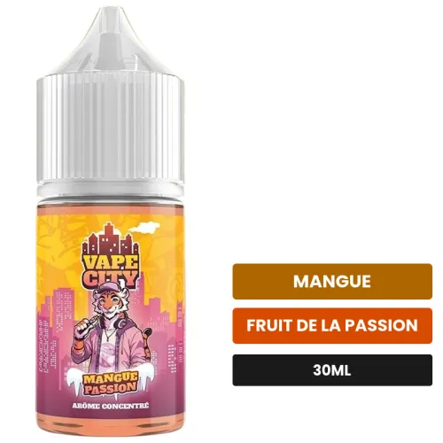 Arome concentre Mangue passion de Vape City, 30 ml, saveurs mangue et fruit de la passion.