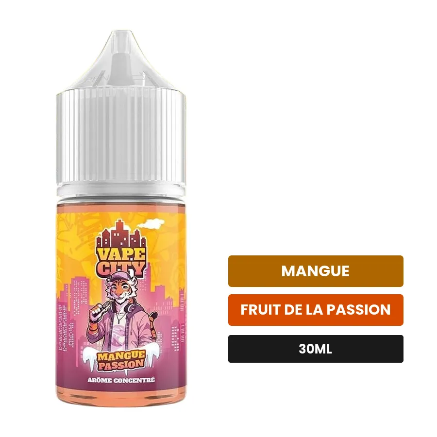 Arome concentre Mangue passion de Vape City, 30 ml, saveurs mangue et fruit de la passion.