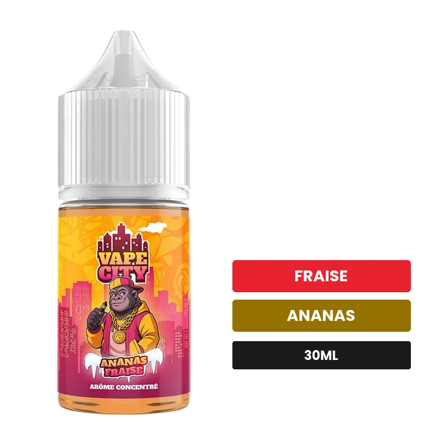 Arome concentre Ananas fraise de Vape City, 30 ml, saveurs fraise et ananas.