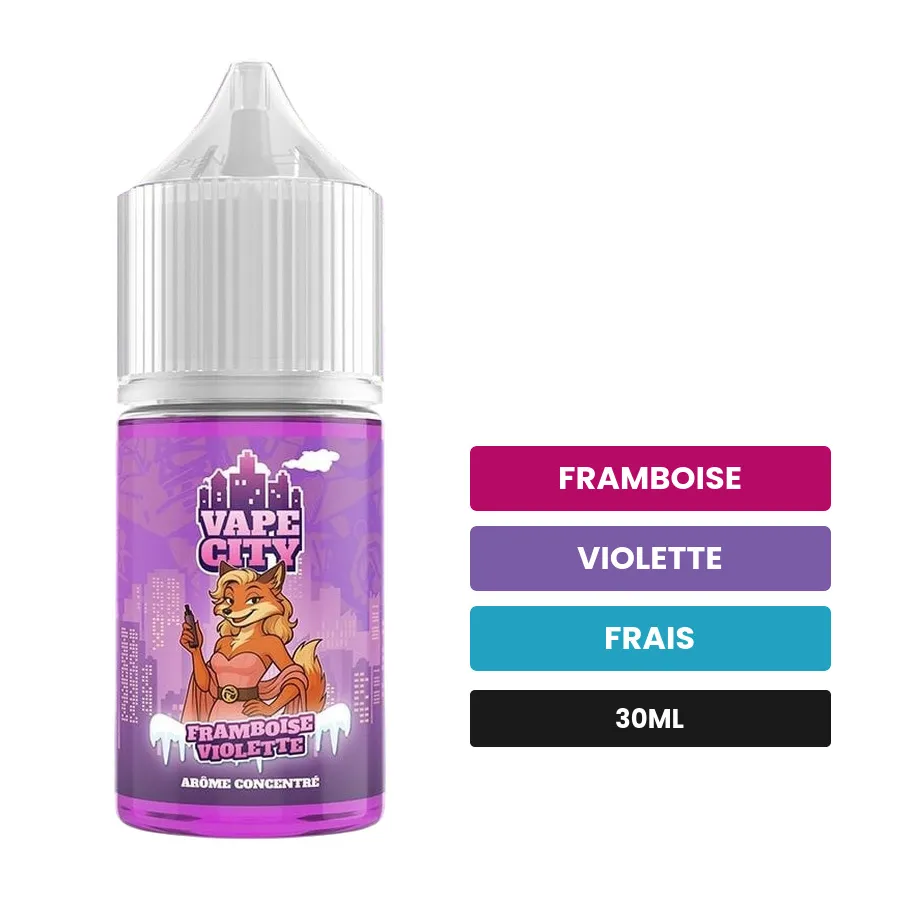 Arome concentre Framboise violette de Vape City, 30 ml, saveurs framboise, violette et frais.