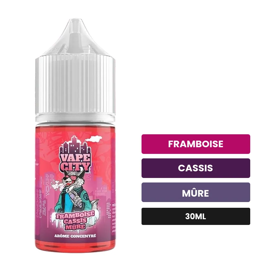 Arome concentre Framboise cassis mûre de Vape City, 30 ml, saveurs framboise, cassis et mûre.