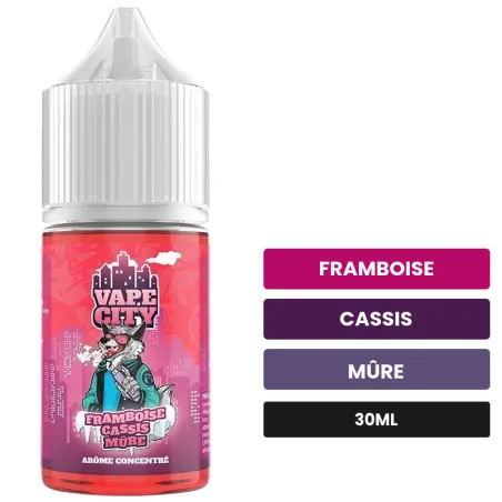 Arome concentre Framboise cassis mûre de Vape City, 30 ml, saveurs framboise, cassis et mûre.