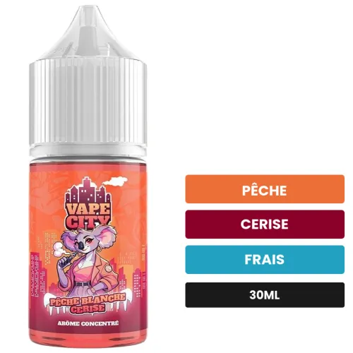 Arome concentre Pêche blanche cerise de Vape City, 30 ml, saveurs pêche, cerise et frais.