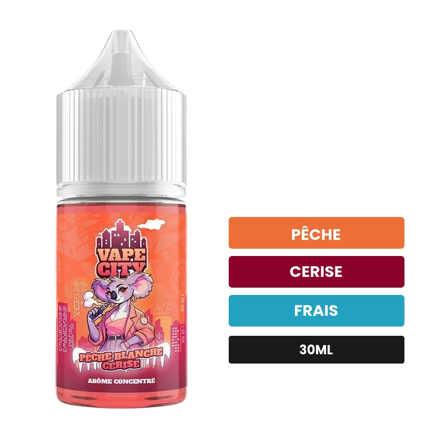 Arome concentre Pêche blanche cerise de Vape City, 30 ml, saveurs pêche, cerise et frais.