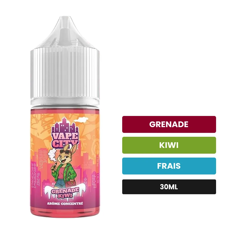 Arome concentre Grenade kiwi de Vape City, 30 ml, saveurs grenade, kiwi et frais.