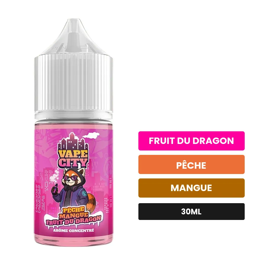 Arome concentre Peche mangue fruit du dragon, 30 ml, saveurs fruit du dragon, pêche et mangue.