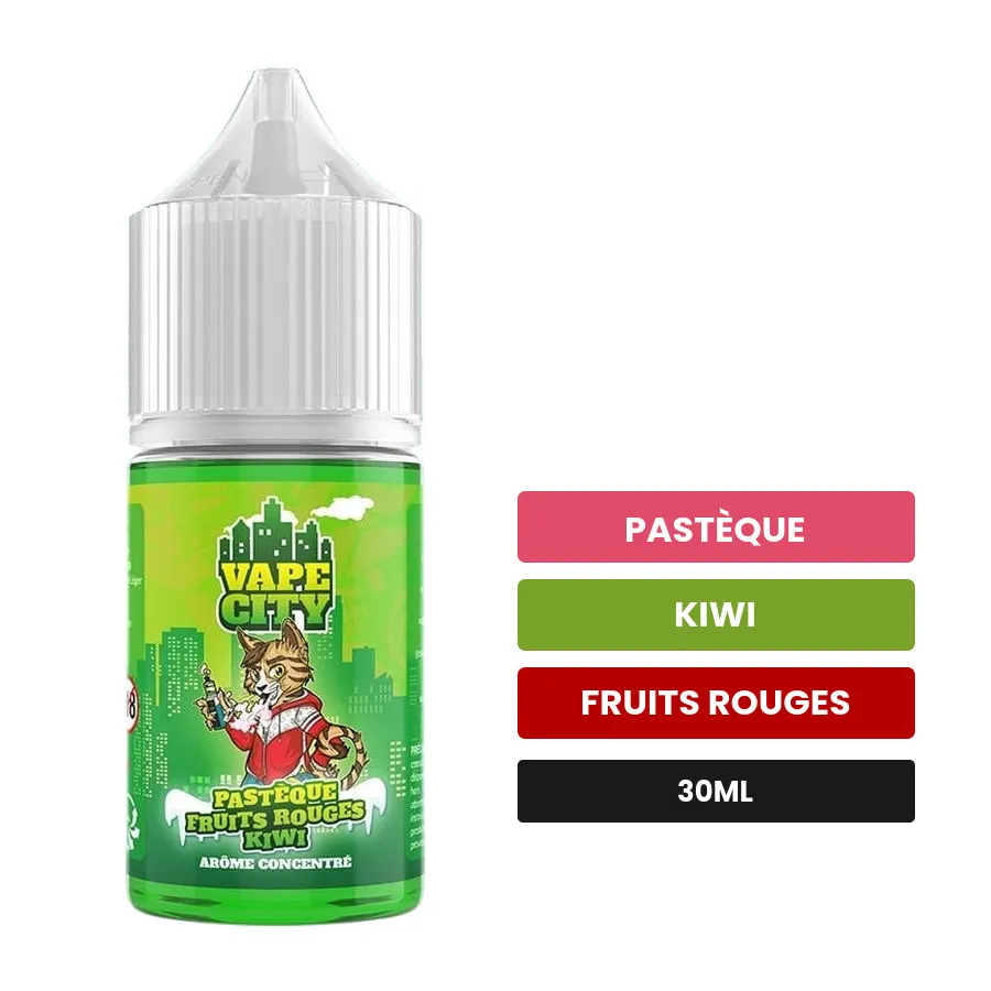 Arome concentre Pastèque fruits rouges kiwi de Vape City, 30 ml, saveurs pastèque, kiwi et fruits rouges.