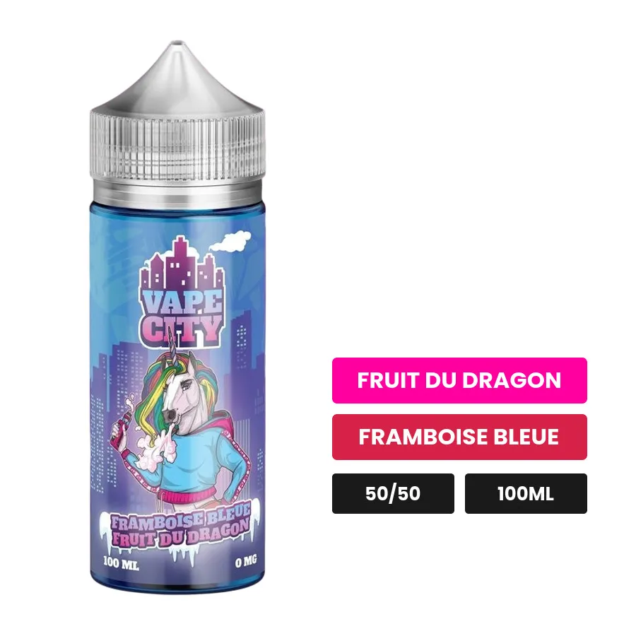 E-liquide Framboise bleue fruit du dragon de Vape City, 100 ml, saveurs fruit du dragon et framboise bleue.
