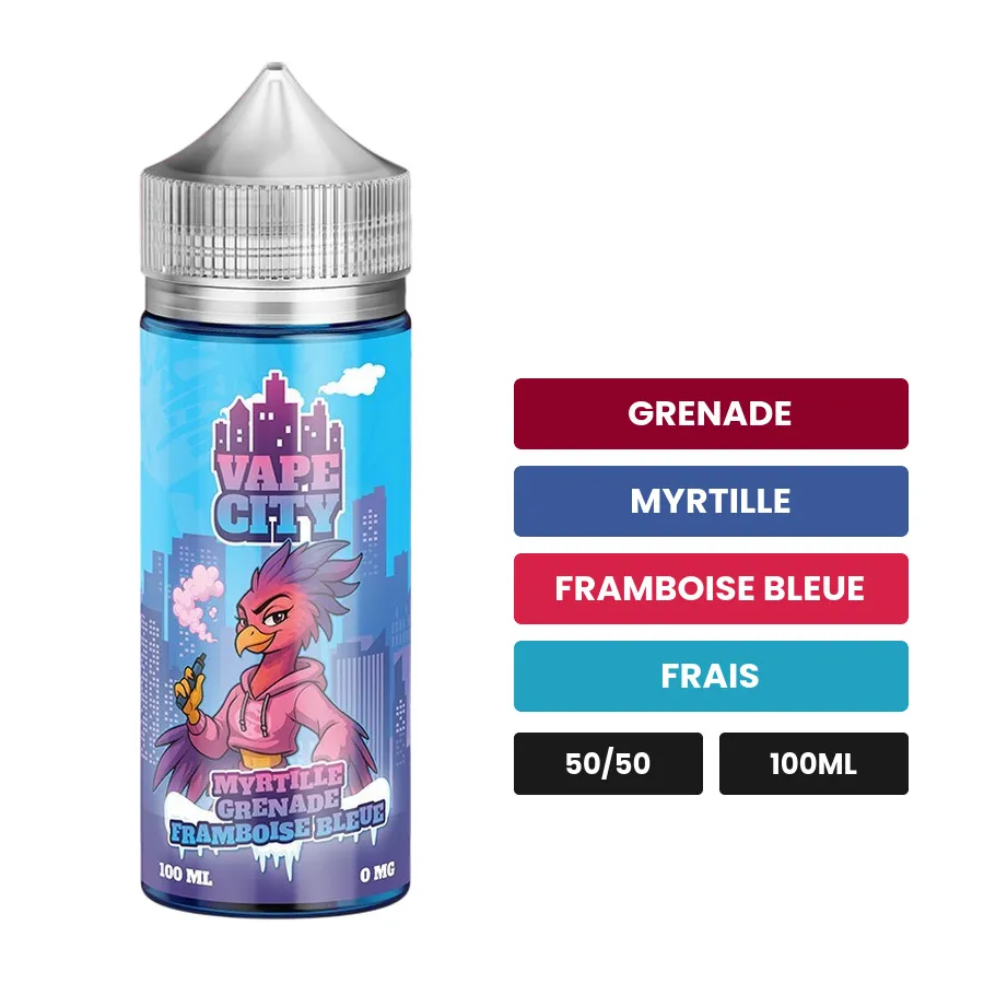 E-liquide Myrtille grenade framboise bleue, 100 ml, saveurs grenade, myrtille, framboise bleue et 1 autre.