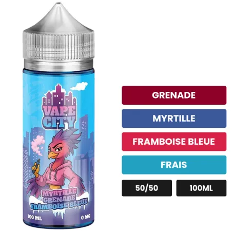 E-liquide Myrtille grenade framboise bleue, 100 ml, saveurs grenade, myrtille, framboise bleue et 1 autre.